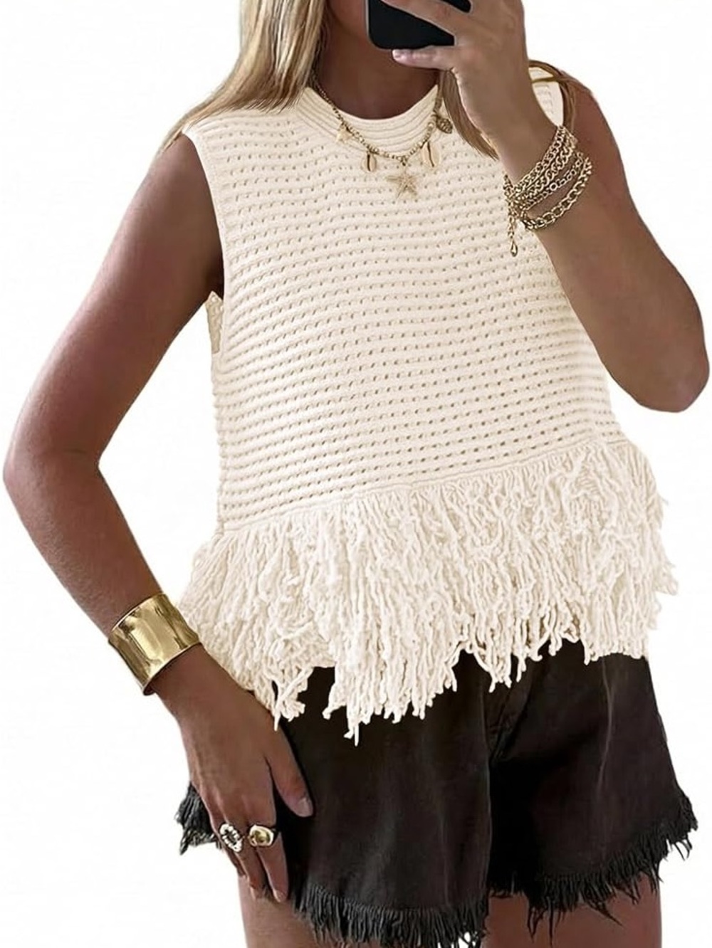 Girls' Fringe Knit Tank Top - Cream